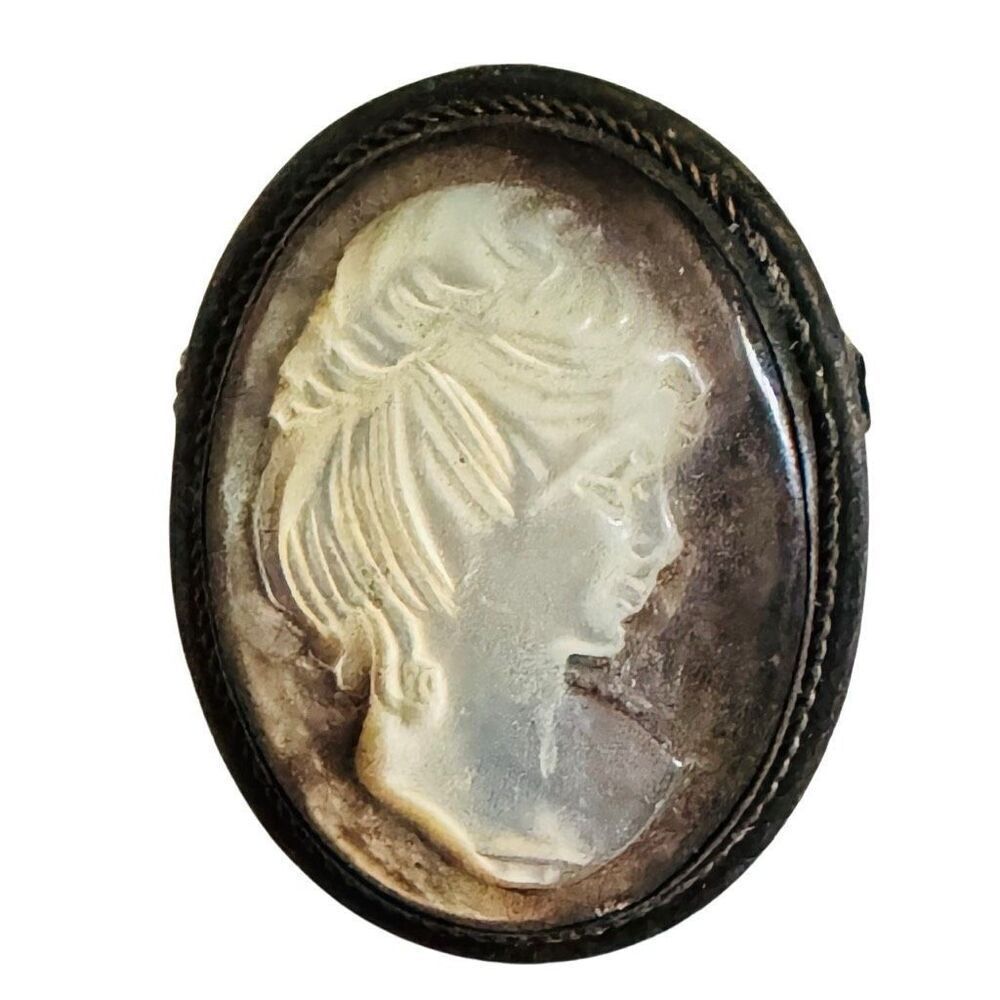 Antique Victorian Silver .800 Abalone Cameo Brooch Necklace Pendant Sterling